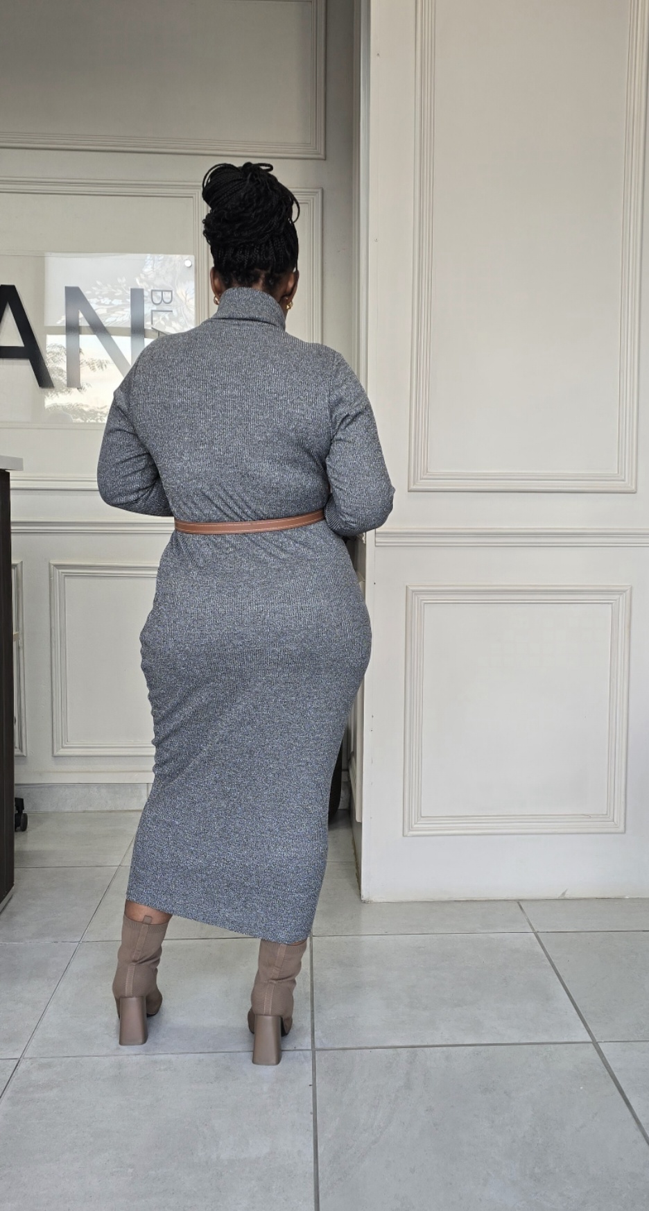 Grey Turtleneck Dress  - Back View by ZanBlack
